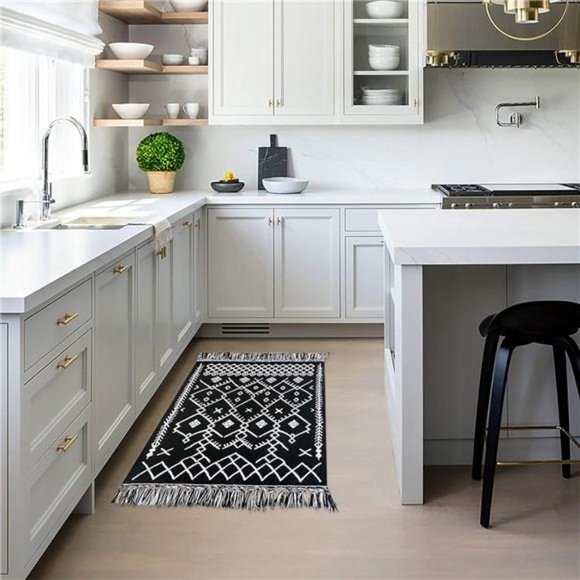 Upgraded Boho Bathroom Rug 2'x3',100% Woven Boho Rug for Bedroom Black White Rug - Picture 2 of 5